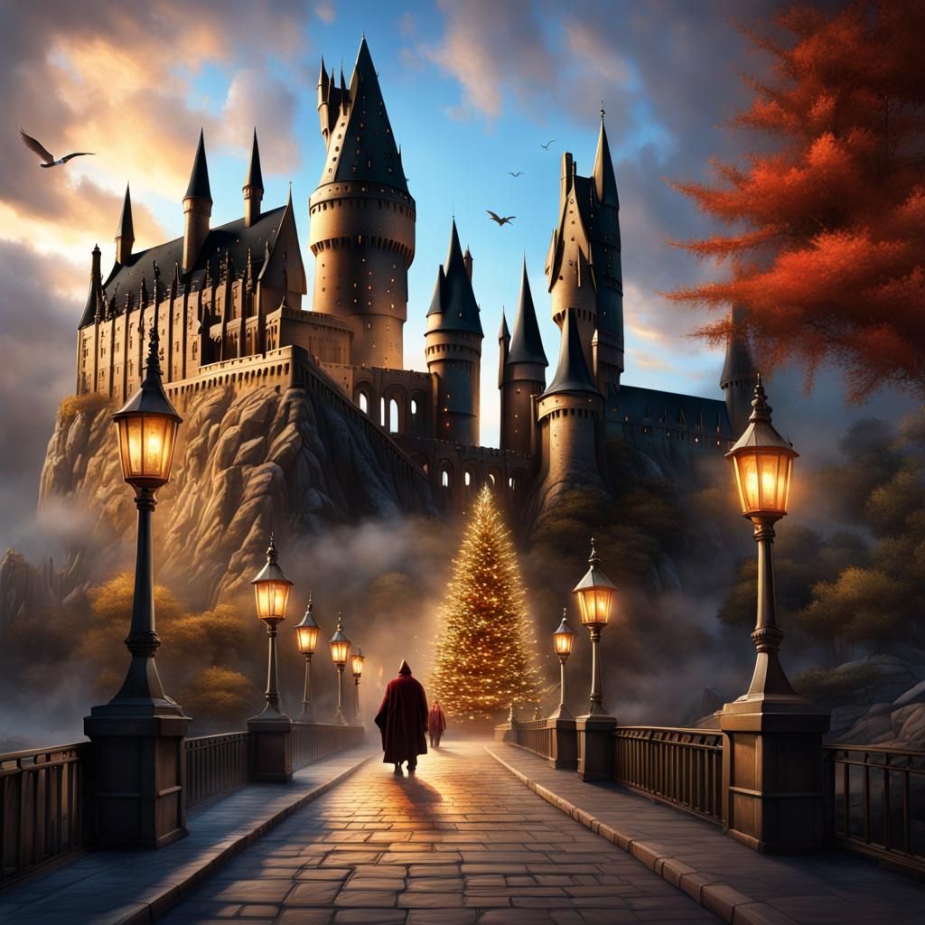 Hogwarts Castle with Christmas Tree and Wizards