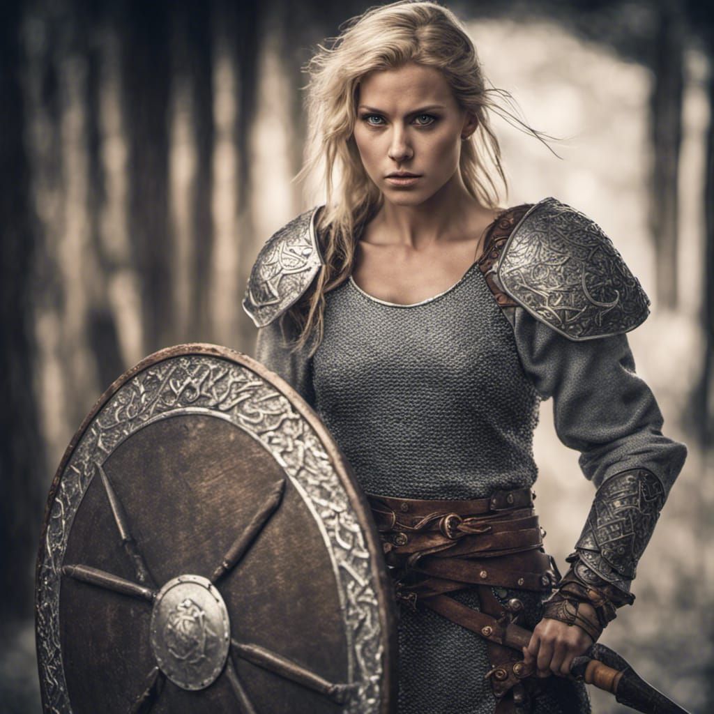 Viking Woman in Armor, Hyperrealistic Full Portrait