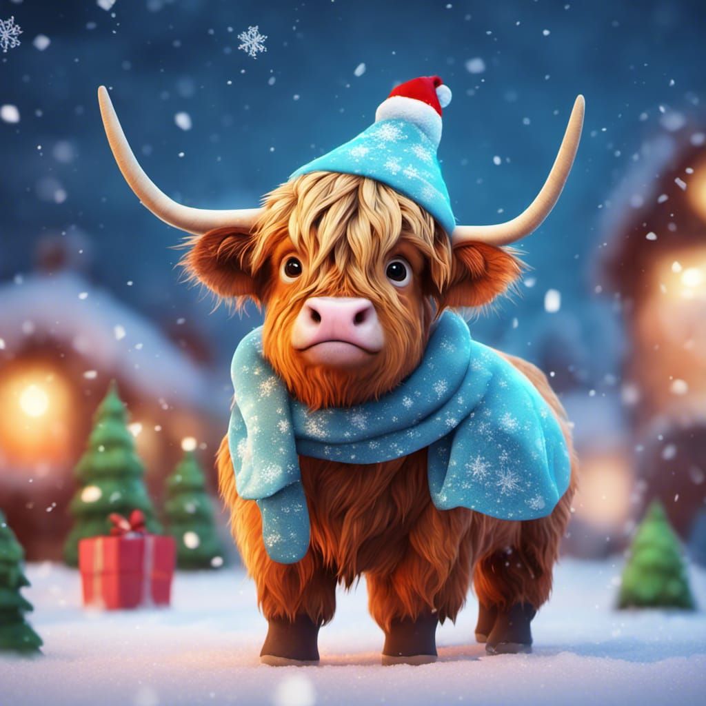 Festive Baby Highland Cow in Winter Wonderland