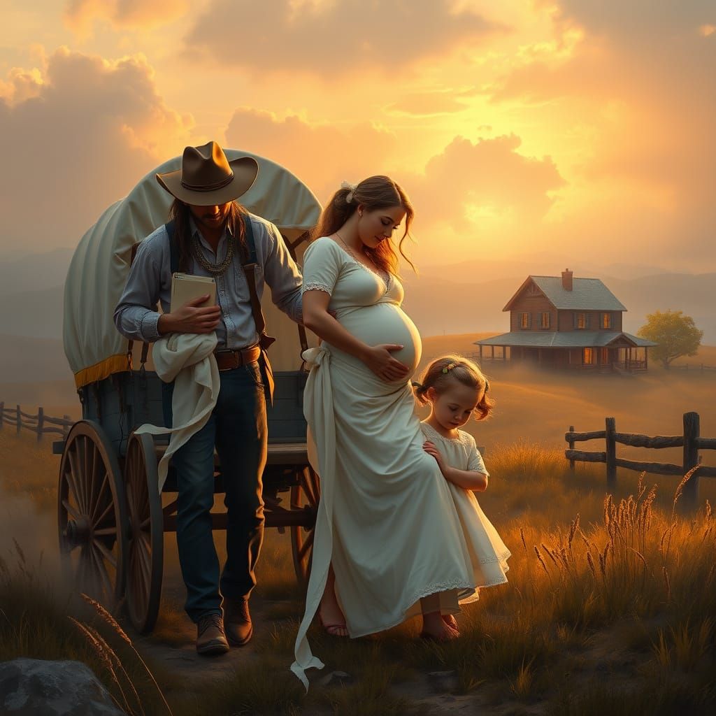 Cowboy Carries Pregnant Woman to Wagon at Sunset