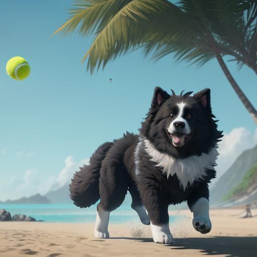 Fluffy Dog Plays Catch on Beach: Detailed Matte Painting