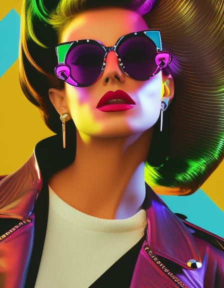 Punk Woman with Neon Retrowave Background