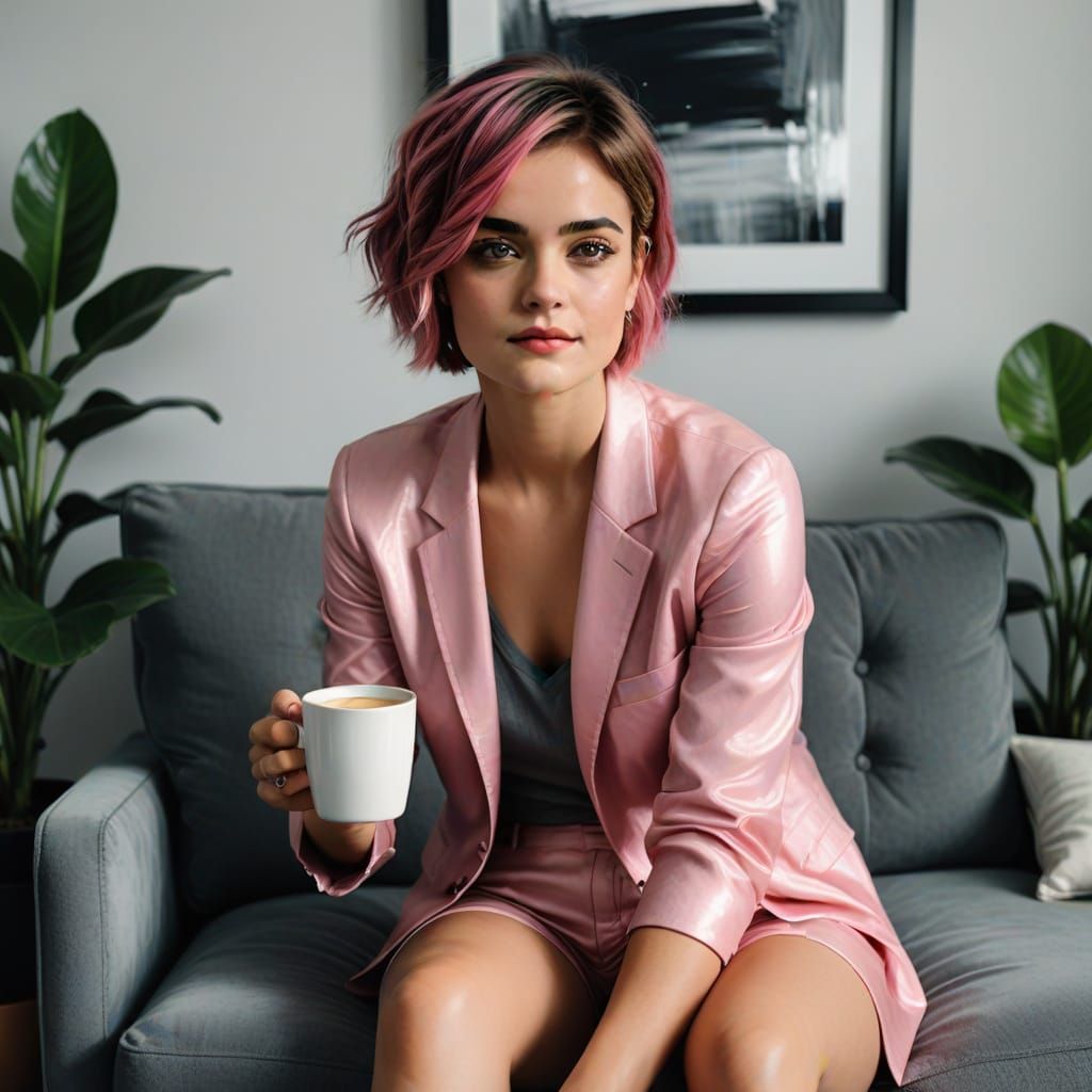 Pink Haired Woman on Sofa in Gerhard Richter Style