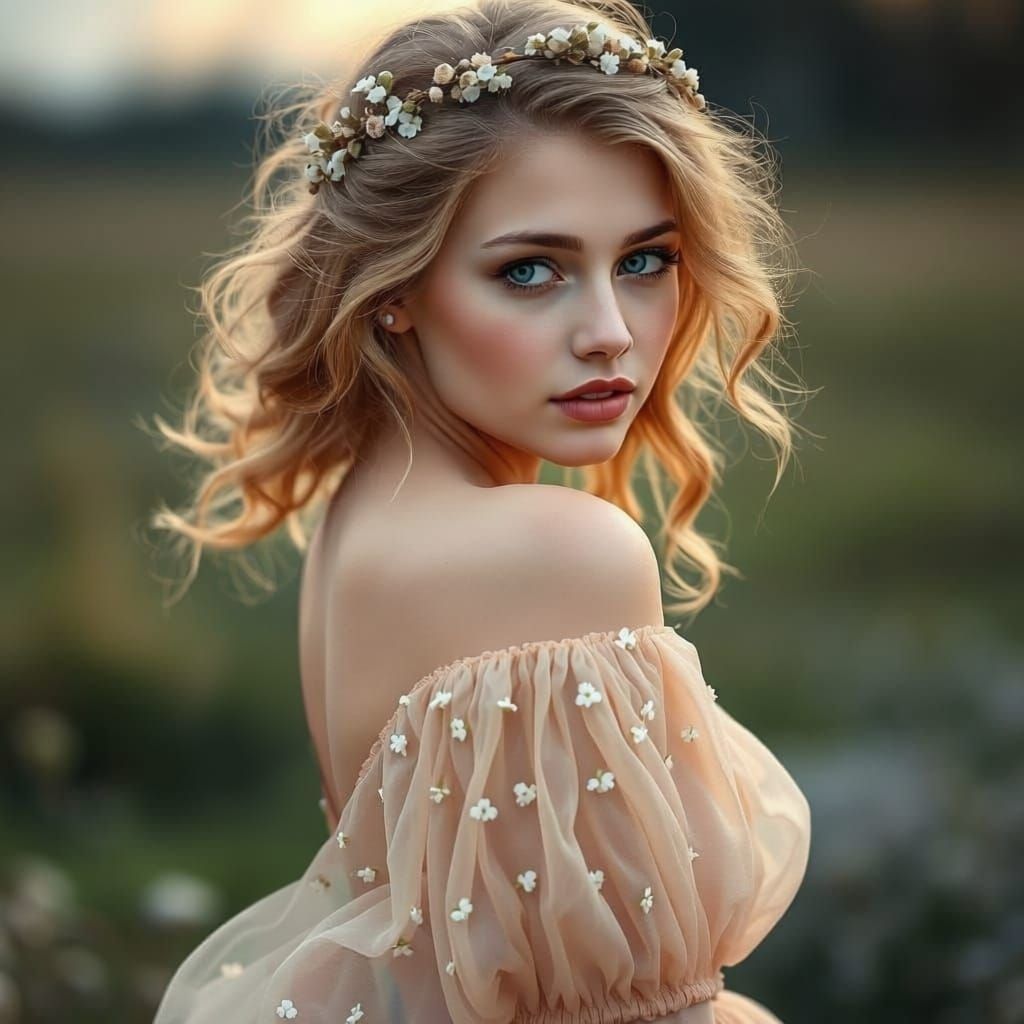 Ethereal Bride with Flower Crown in Golden Hour Garden