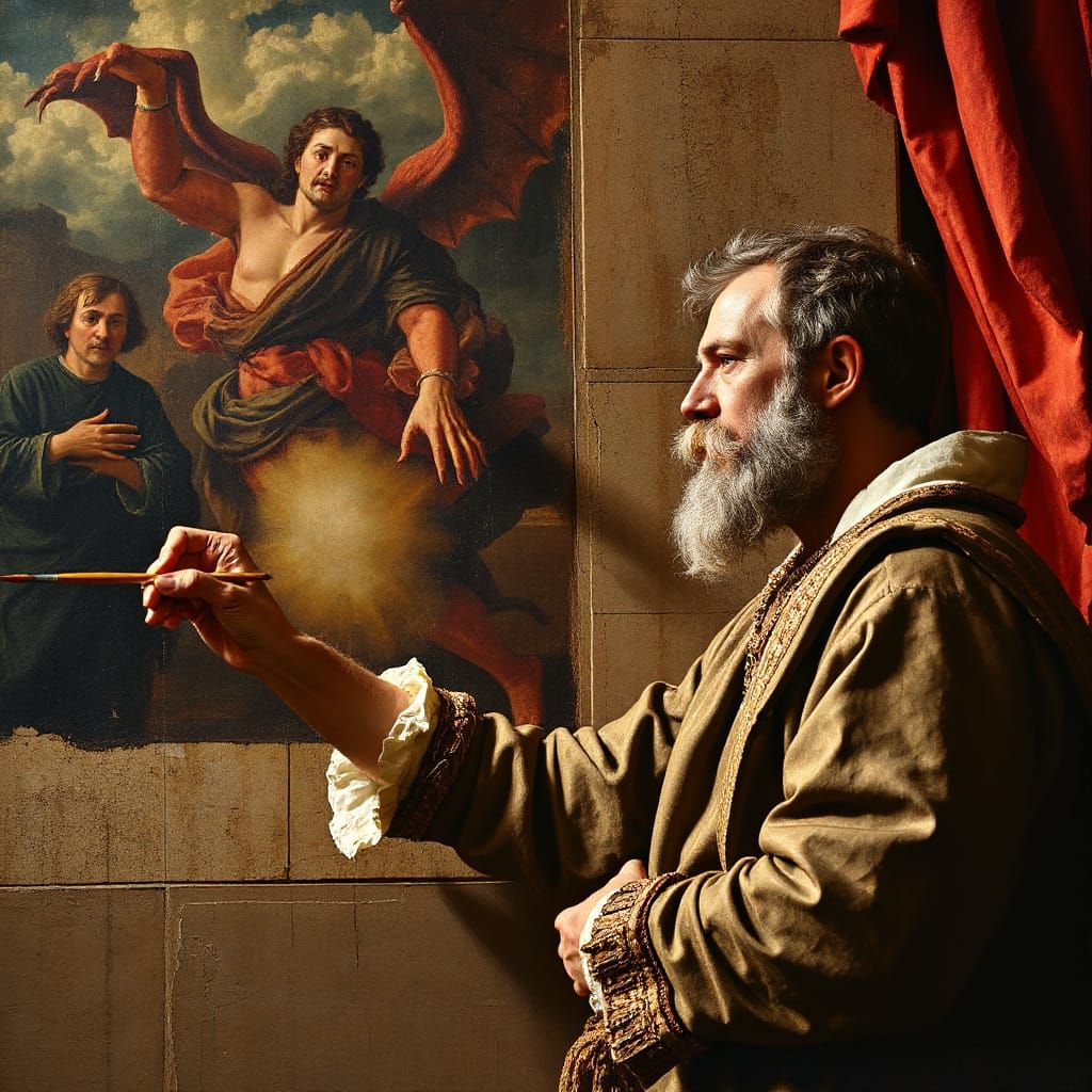 Surreal Painting of Michelangelo Confronting a Demon