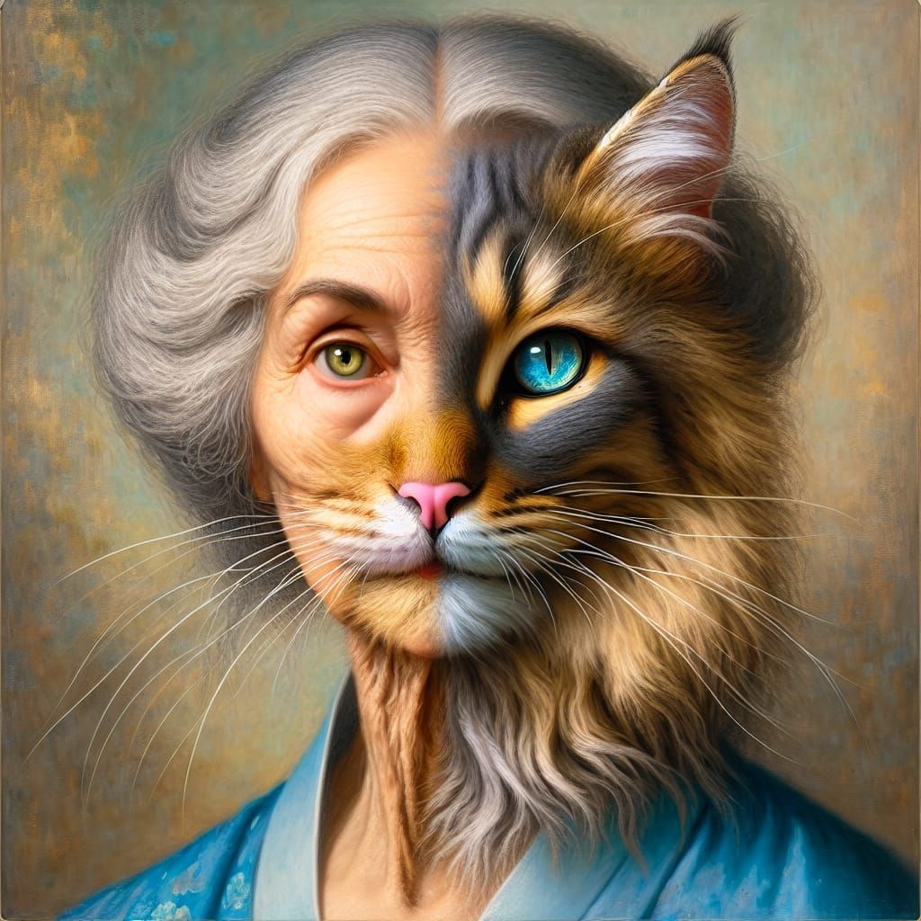Shapeshifting Portrait: Woman Merging with Feline Features