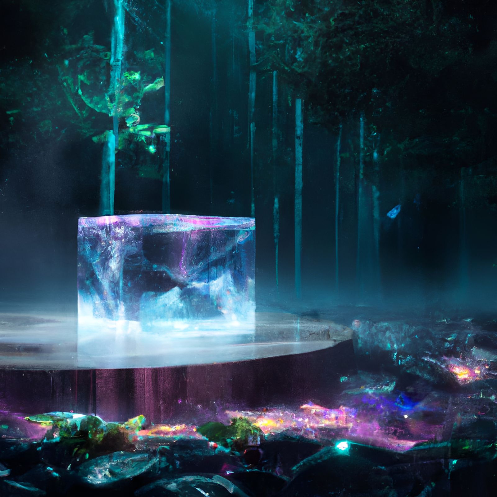 Glass Cube Rave in Dark Forest, Photorealistic Render