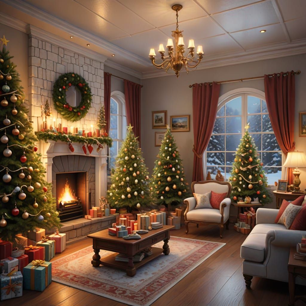 Cozy Christmas Scene with Glowing Tree and Gifts