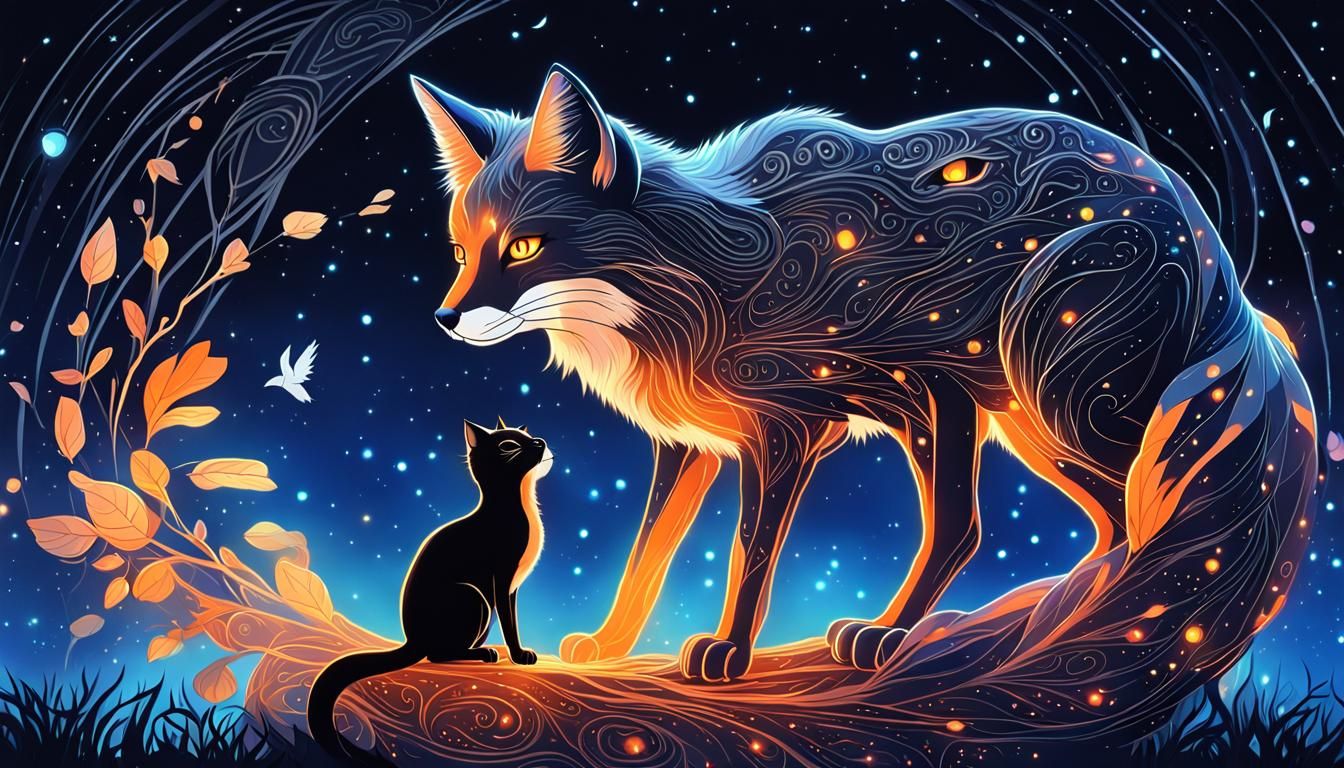 Cat-Fox Hybrid and Raven in Anime Style