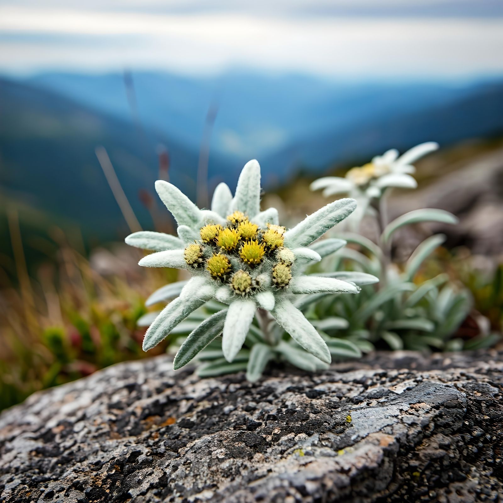 White Edelweiss Flower in Mountainous Terrain