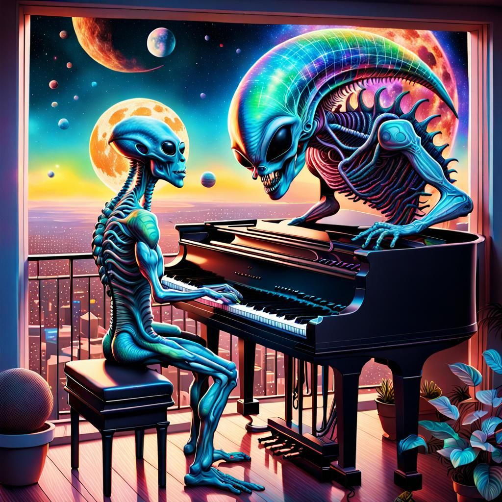 Alien Plays Cosmic Piano: Holographic Astral Illustration