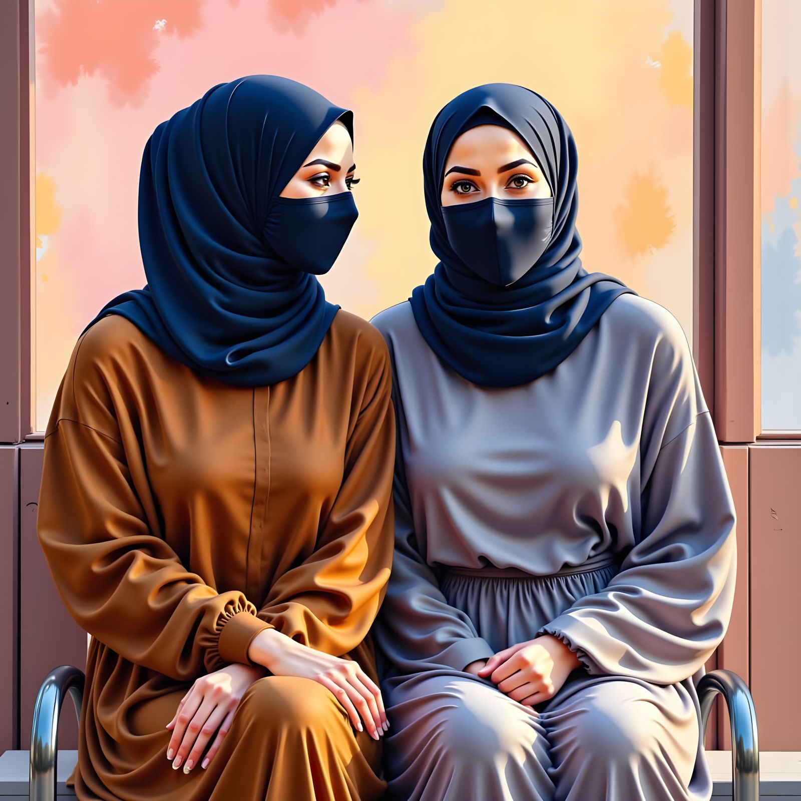 Hijabi Women Friends at Bus Stop in Oil-Guache Style