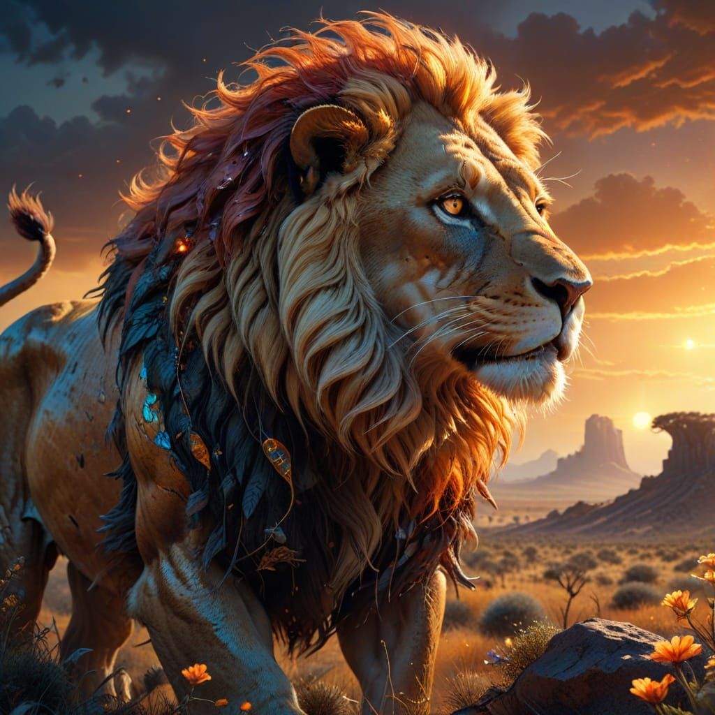 Majestic Lion with Fiery Mane on Alien Savanna