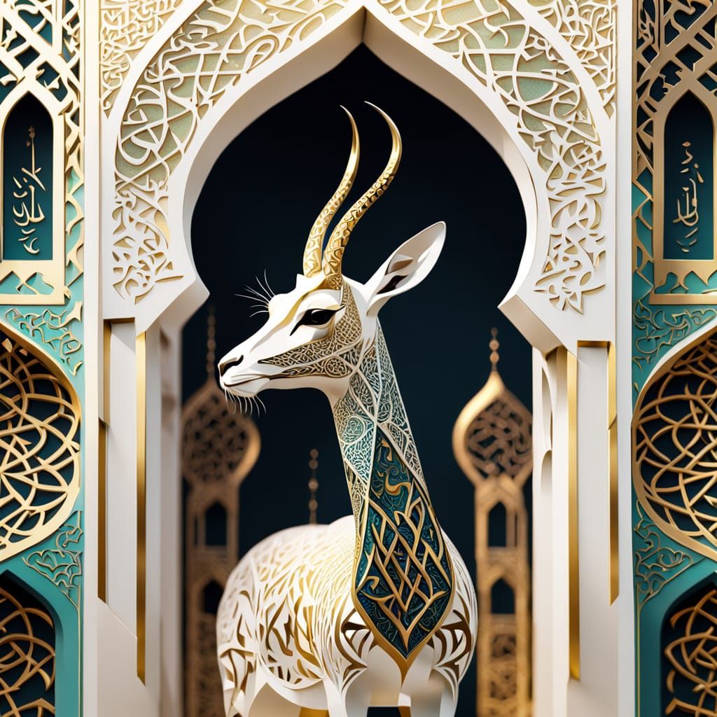 Golden Gazelle Formed of Islamic Calligraphy