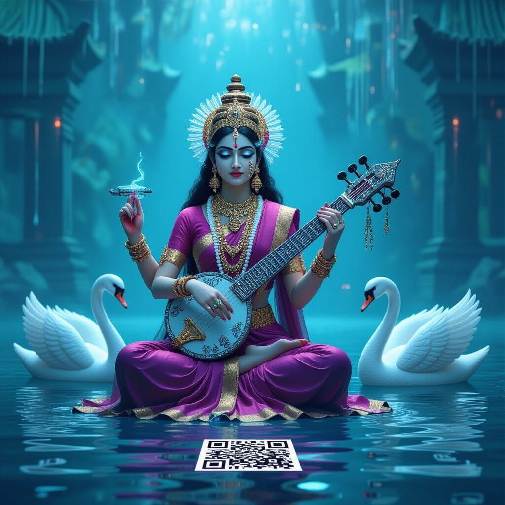 Cyberpunk Goddess Saraswati on Data Lake