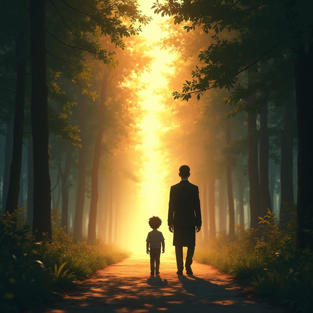 Boy and Shadow Man Walk Forest Path at Dawn