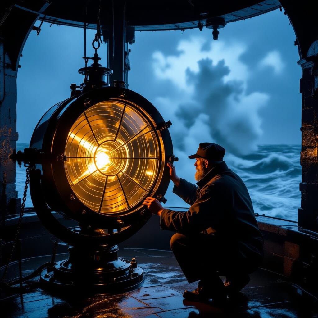 Lighthouse Keeper Polishes Lens During Fierce Storm
