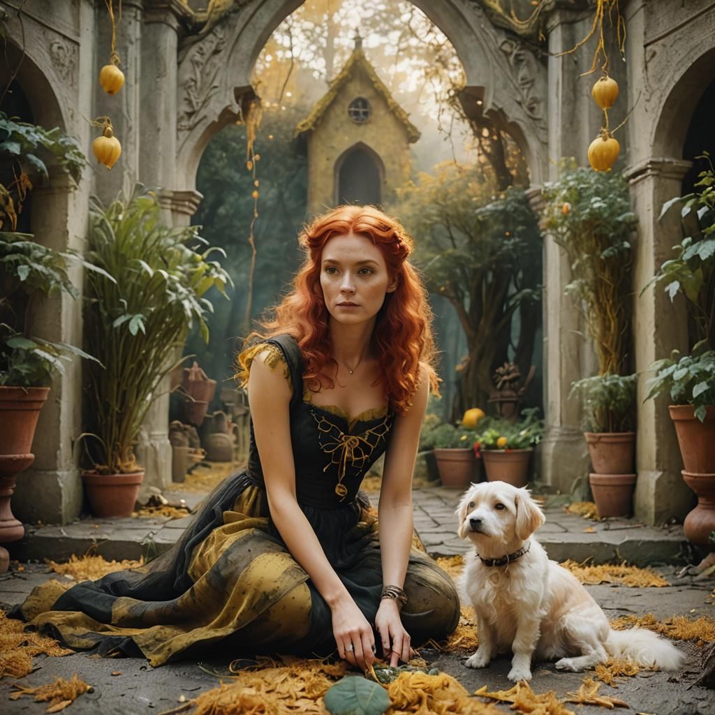 Modern Witch in Autumn Forest, Cinematic Film Still