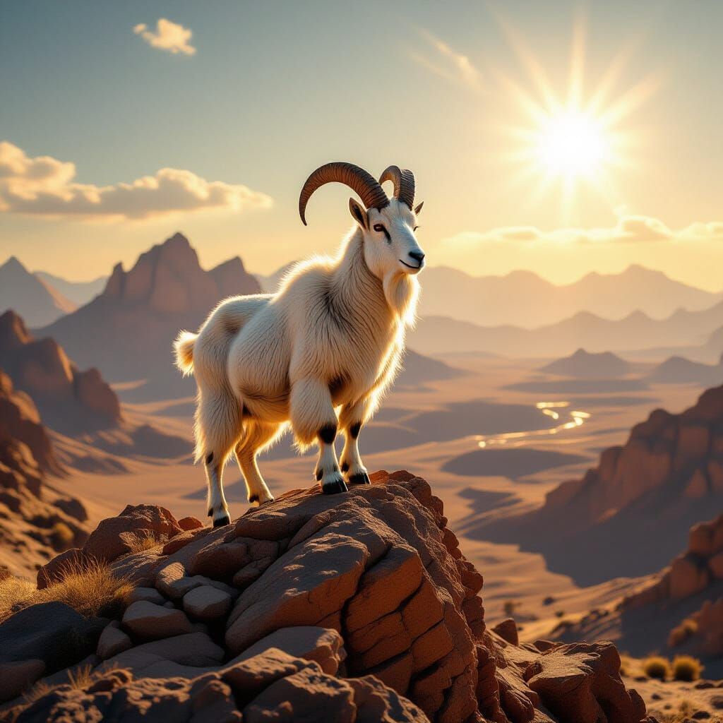 Hyperrealistic Mountain Goat in Arid Desert Landscape