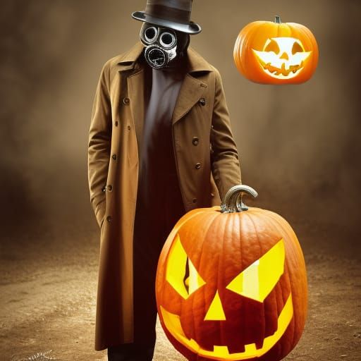 Sinister Man in Gas Mask with Jack-o'-Lantern