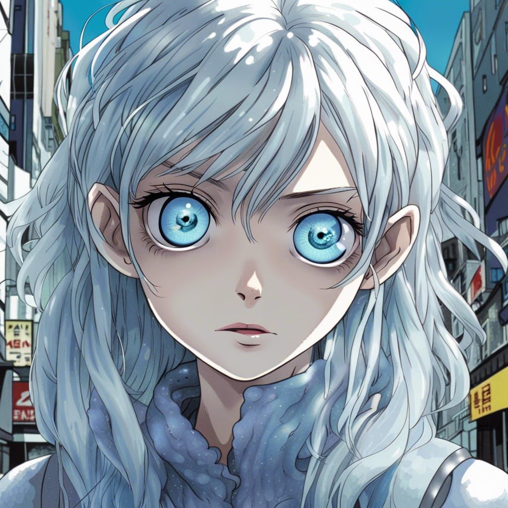 Anime Girl with Silver Hair in Graffiti City