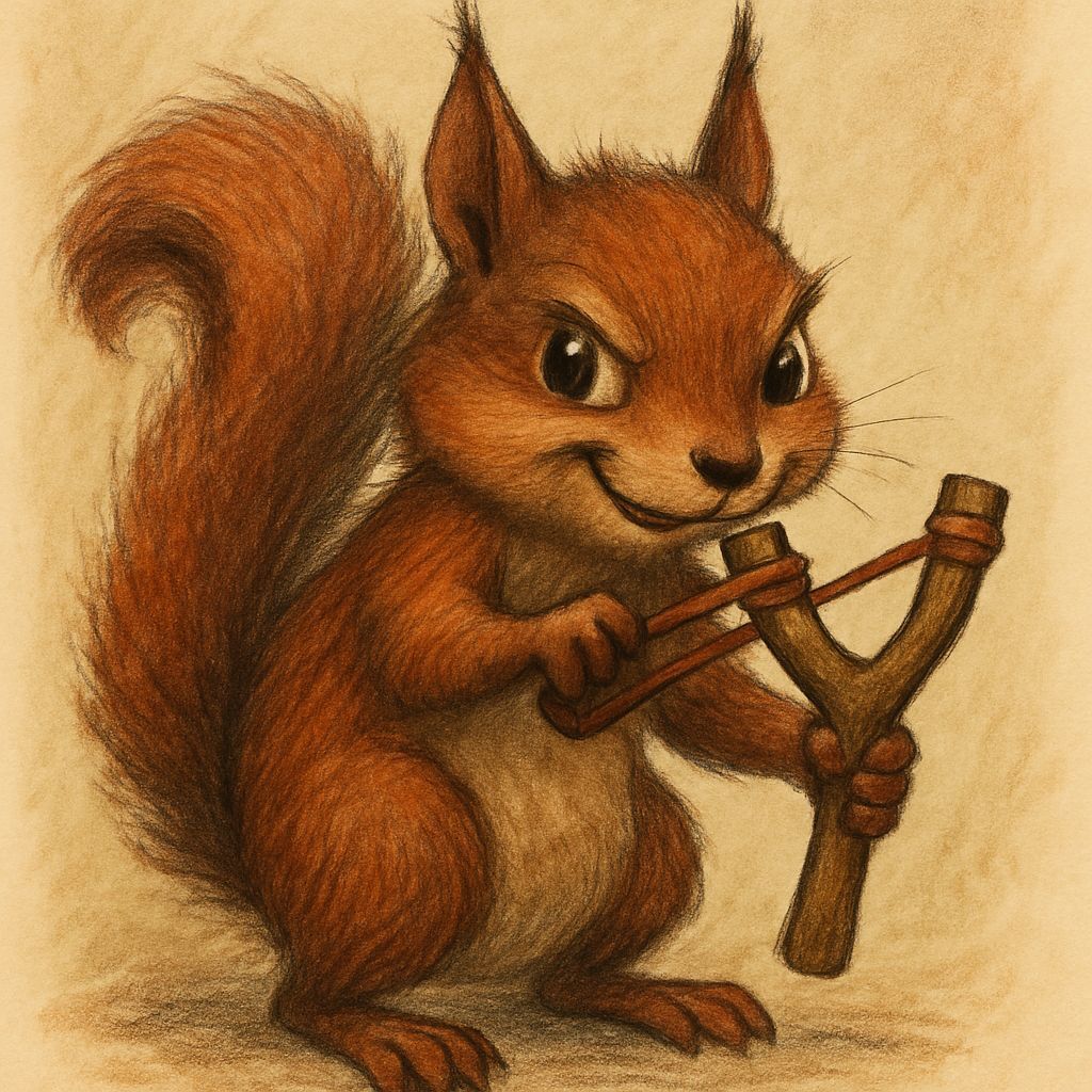 Squirrel with Slingshot: A Mischievous Moment
