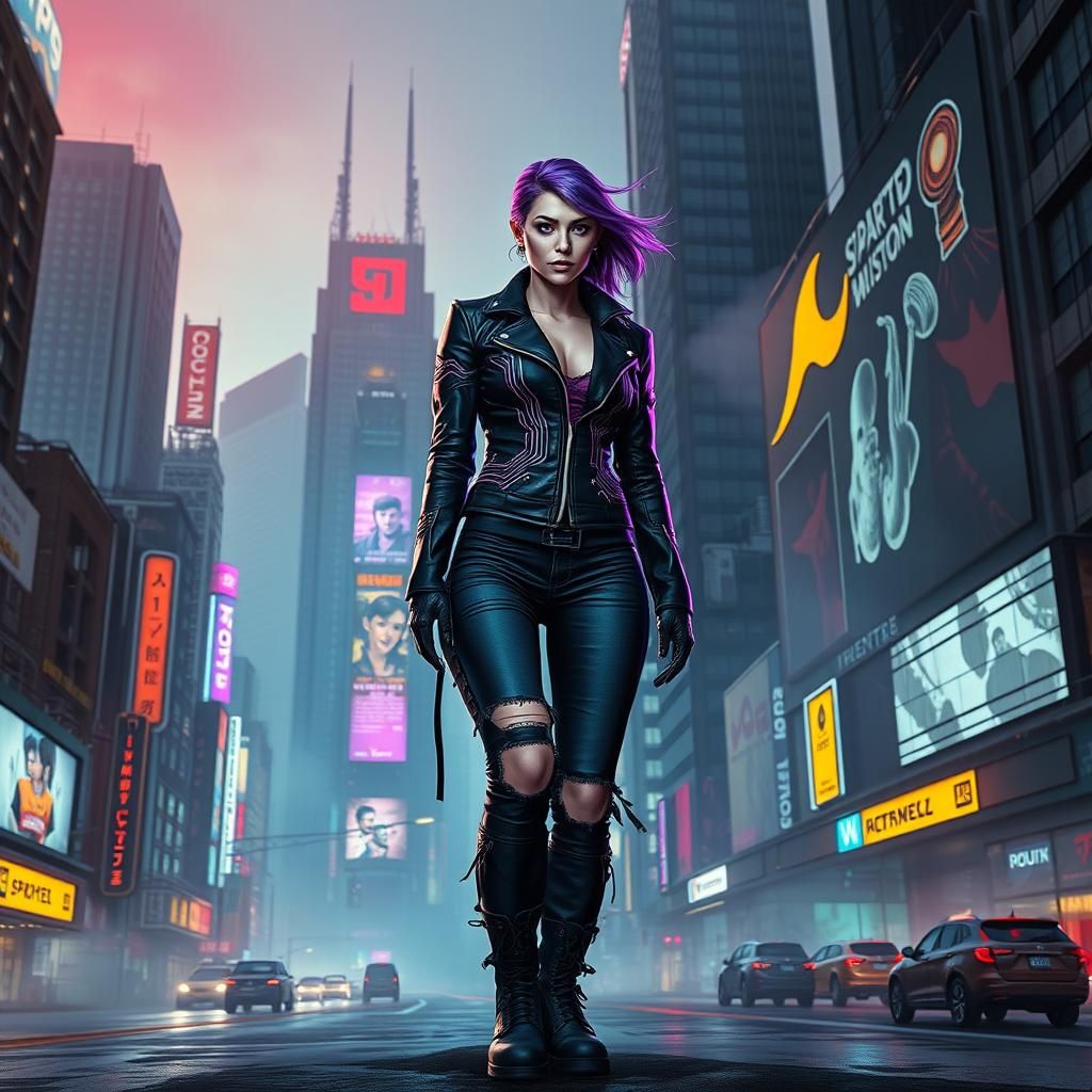 Cyberpunk Woman in Dystopian Cityscape