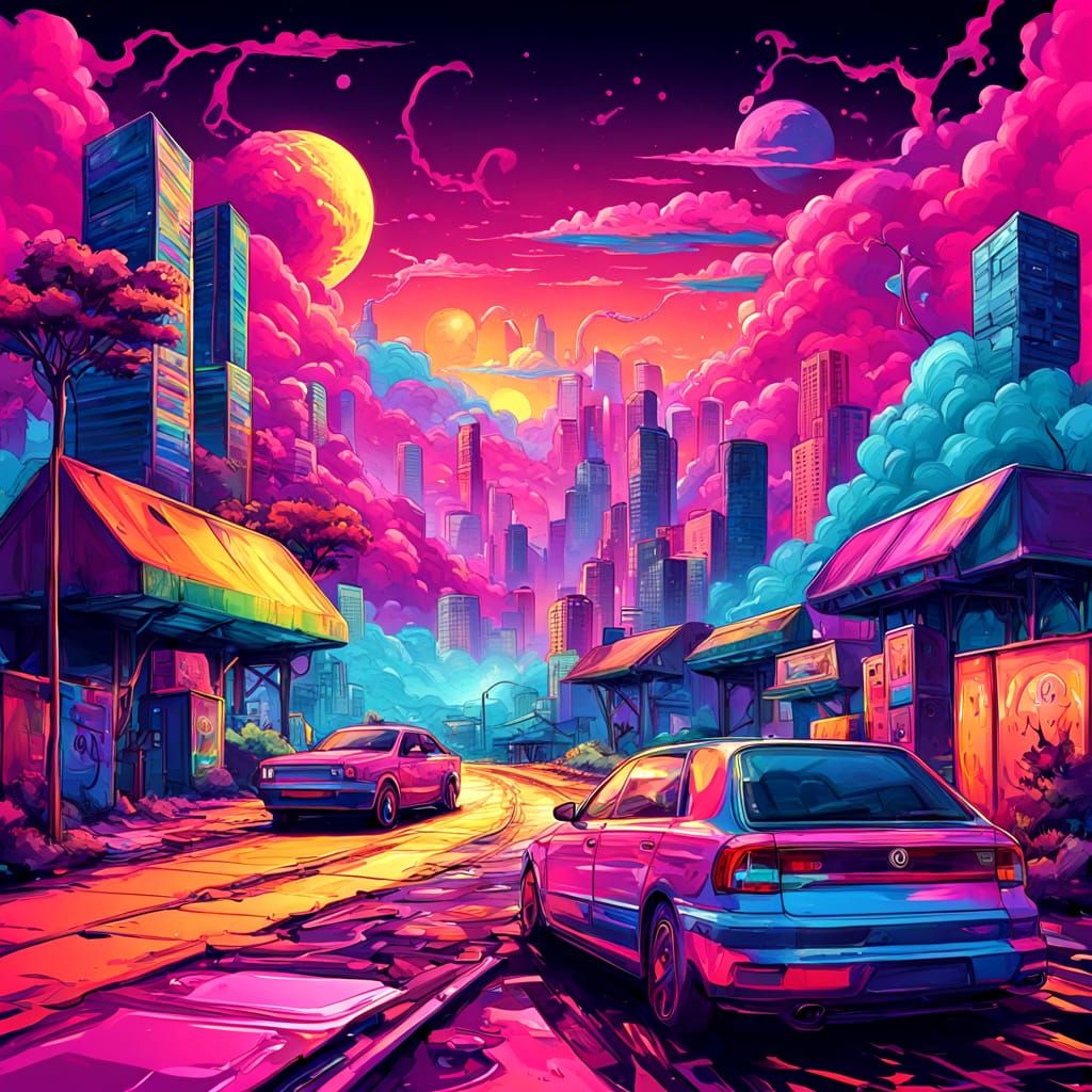 Utopian Metropolis in Synthwave Vaporwave Style