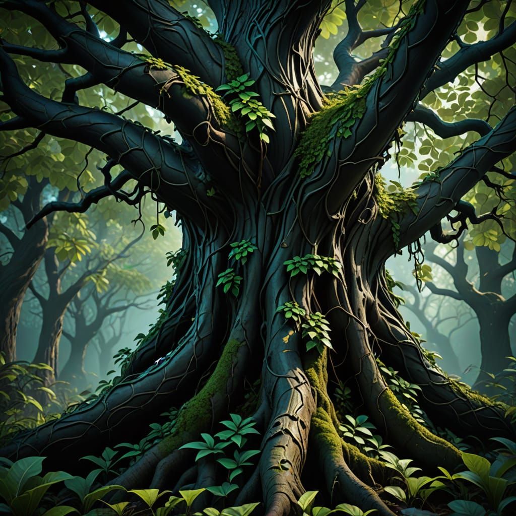 Epic Fantasy Trees in Deep Blues and Earthy Tones