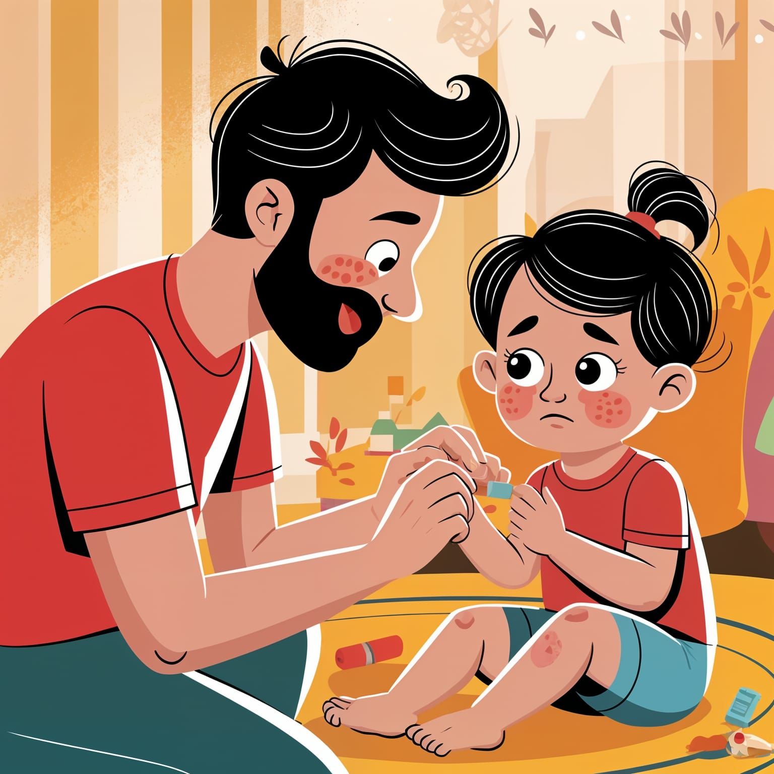 Father Applies Band-Aid to Toddler's Knee