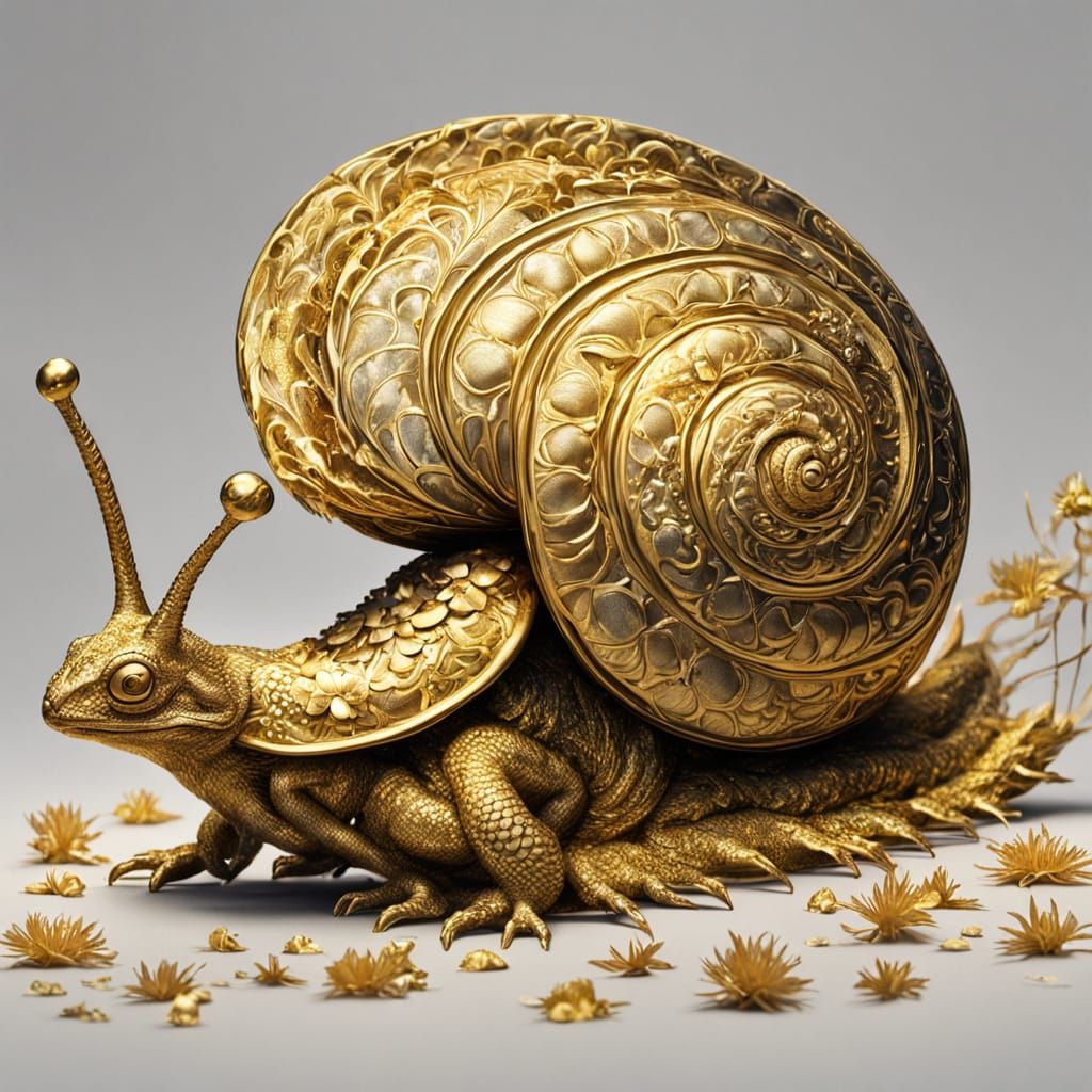 Hyperdetailed Oil Painting of a Golden Snail with a Dragon-L...