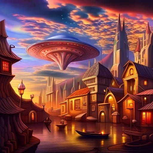 Mystical Venetian Rowboat: Fantasy Art in Vibrant Color