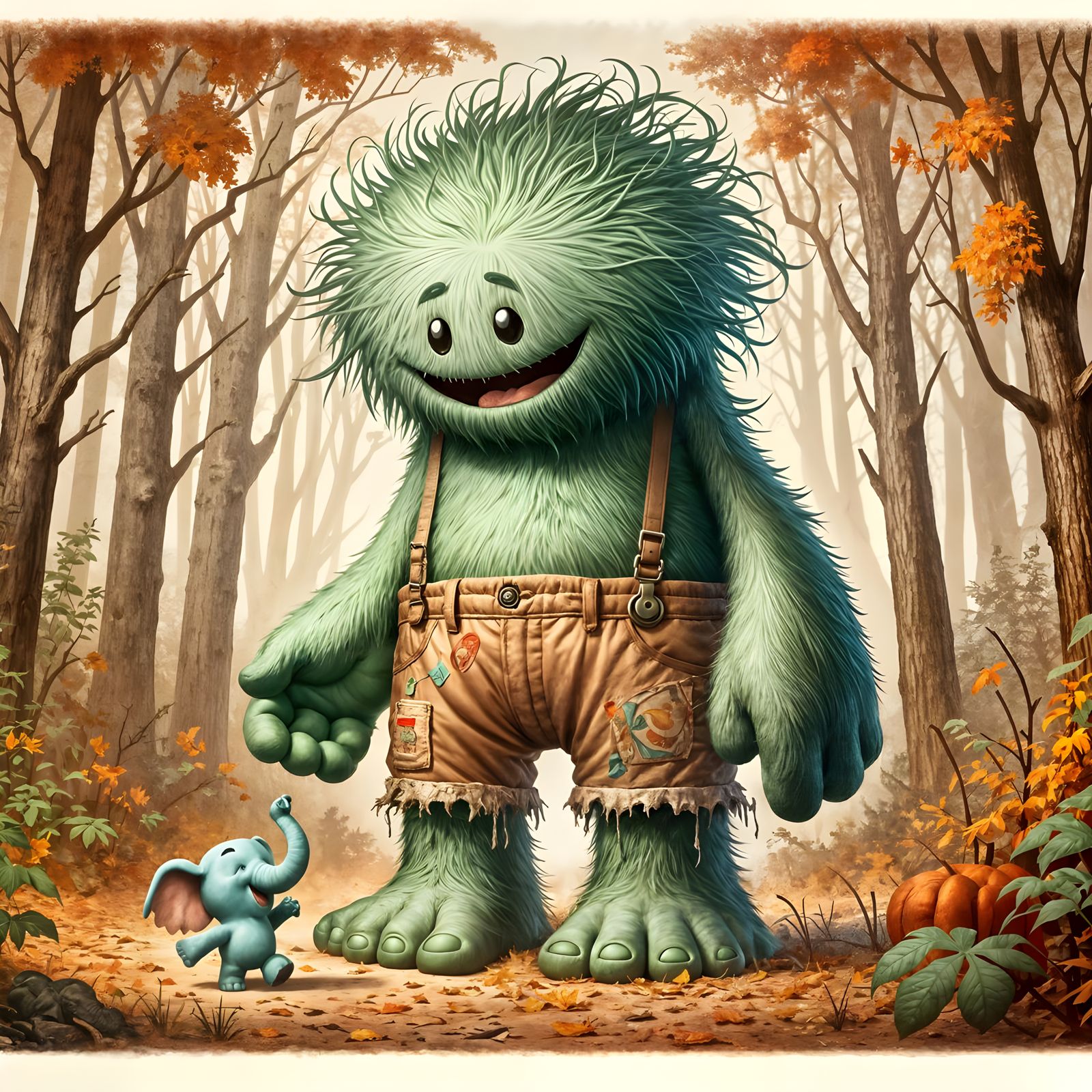 Whimsical Green Monster and Mini Elephant in Autumn Forest