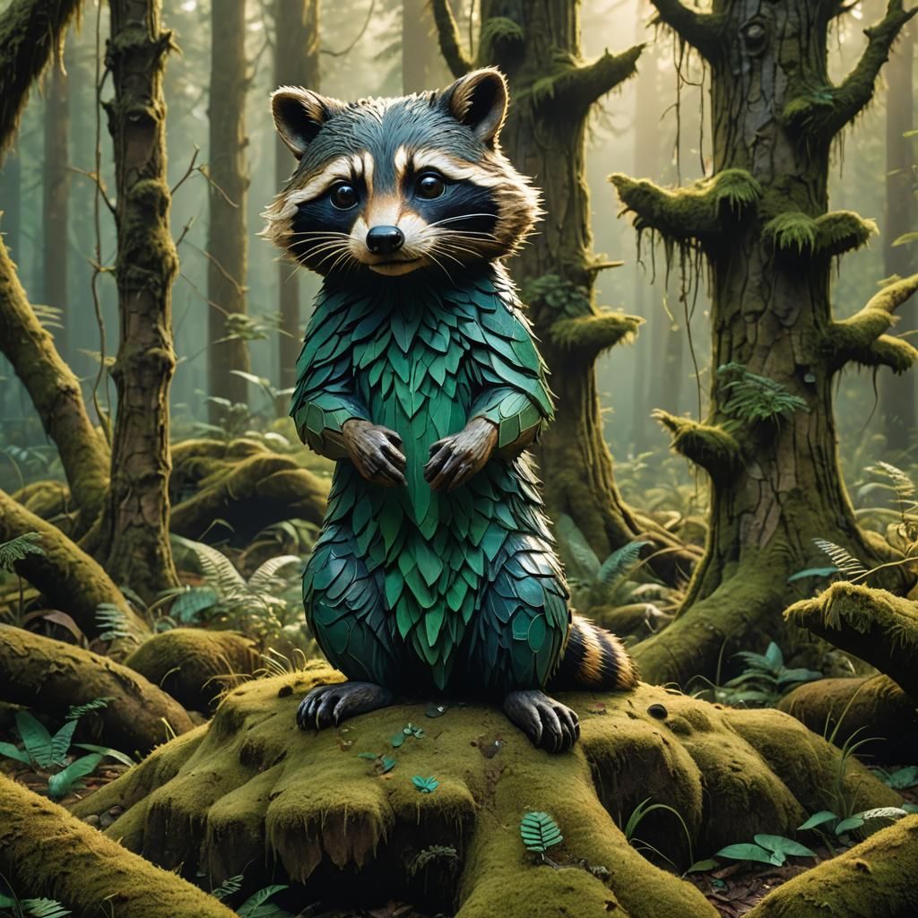 Wooden Raccoon Totem in Vibrant Oil Painting Style