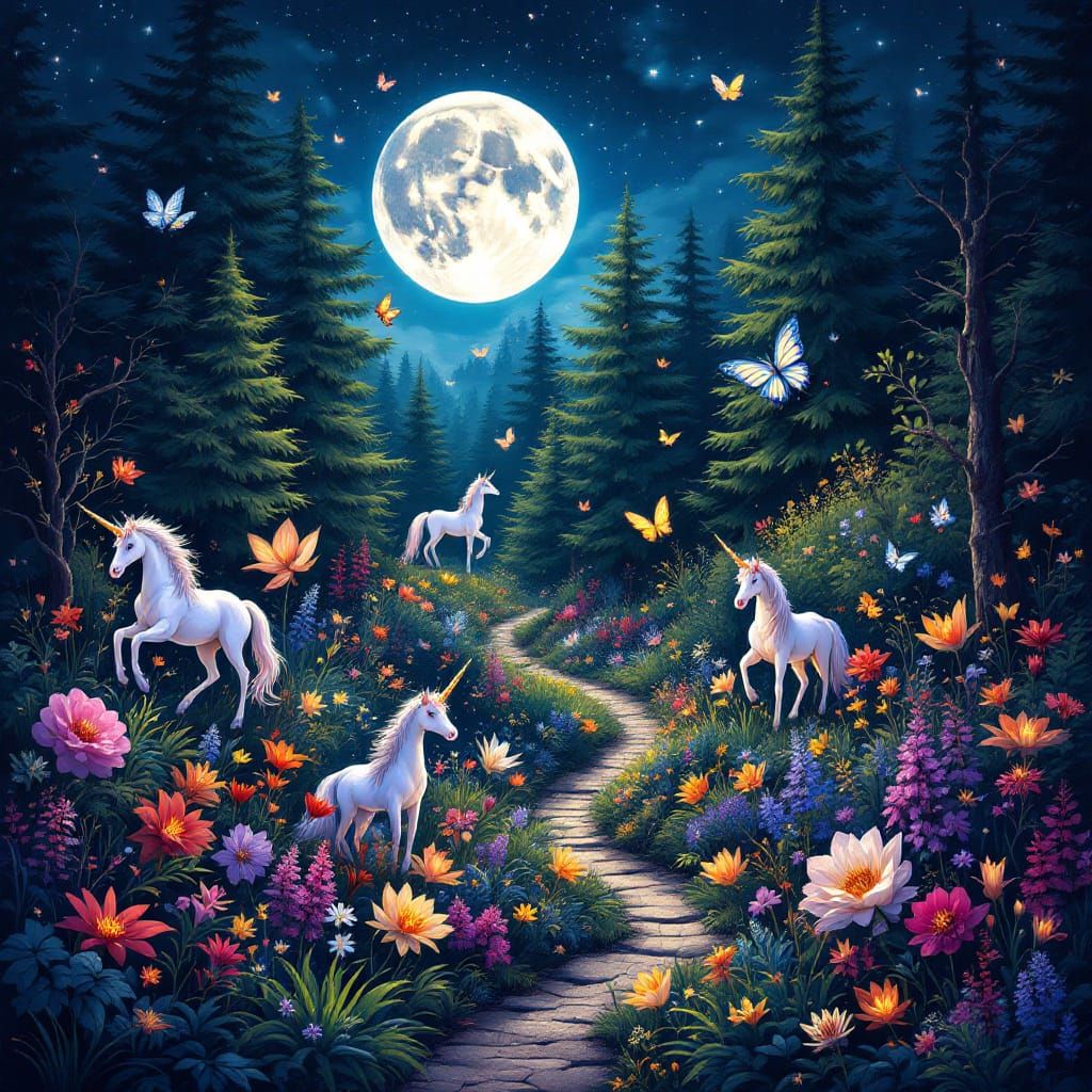 Luminescent Night Forest with Unicorns in Storybook Style