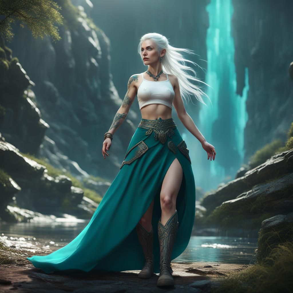 Fantasy Woman in Teal Skirt: Detailed Digital Art