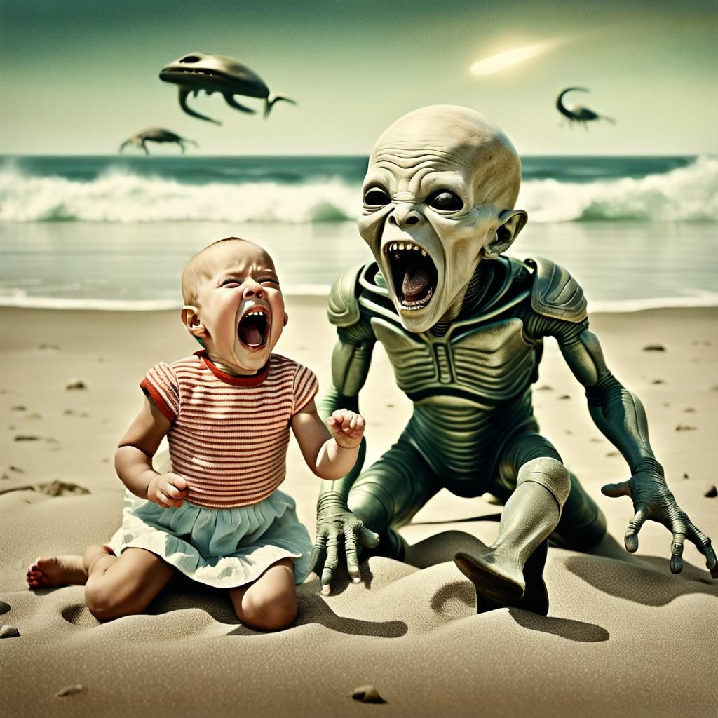 Vintage Photo: Girl Screaming at Alien on Beach