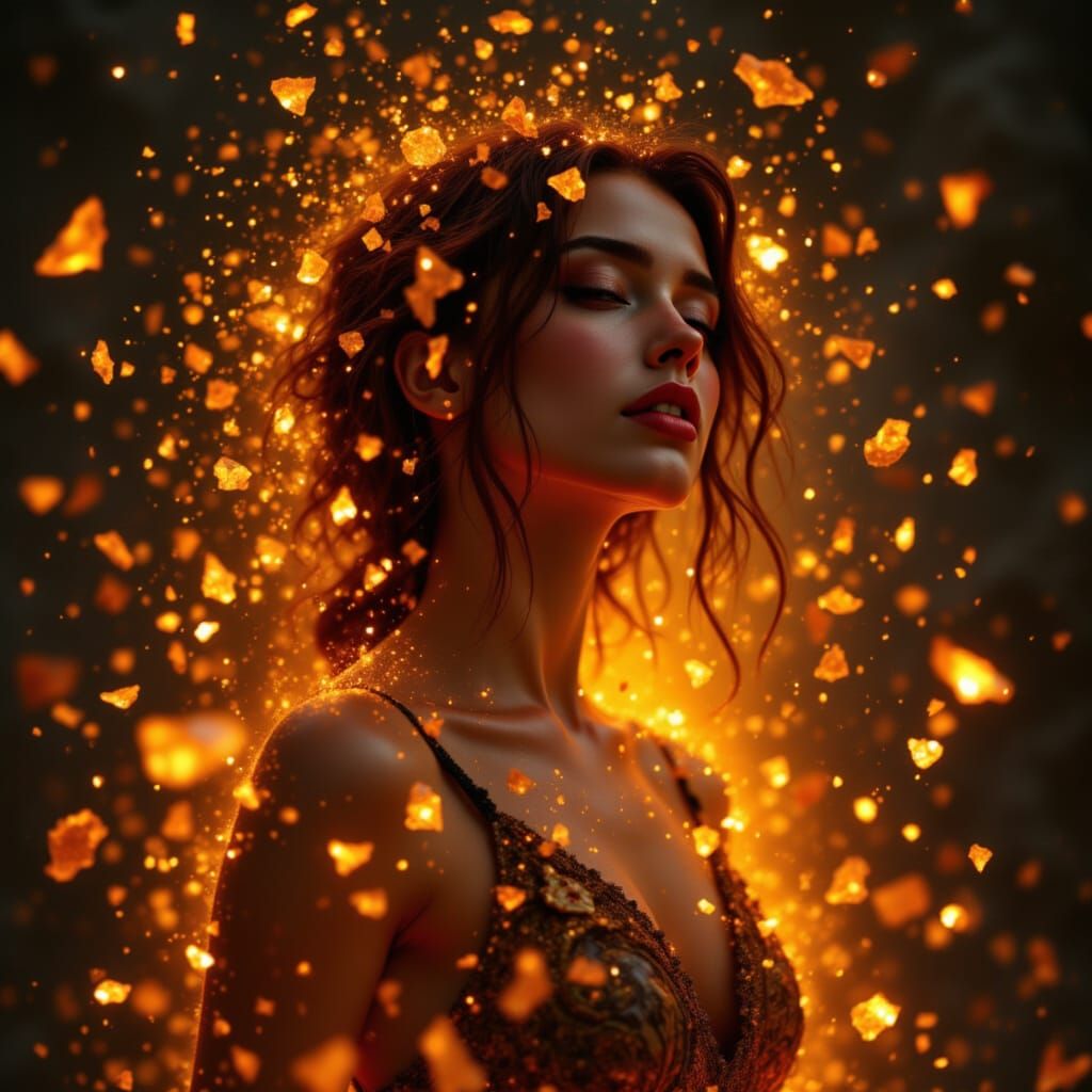 Woman Portrait with Glowing Fragments and Embers