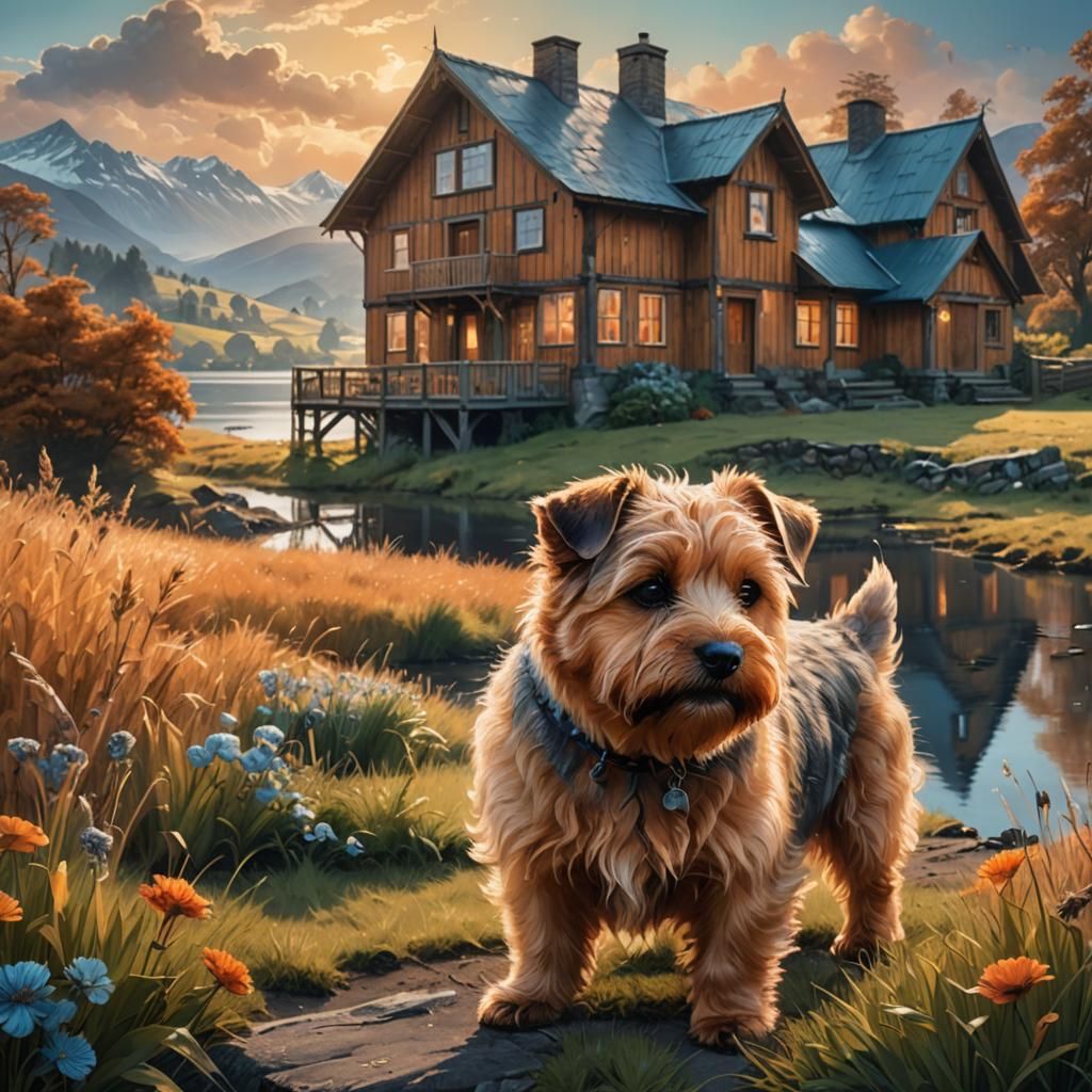 Norfolk Terrier in Field, Detailed Matte Painting