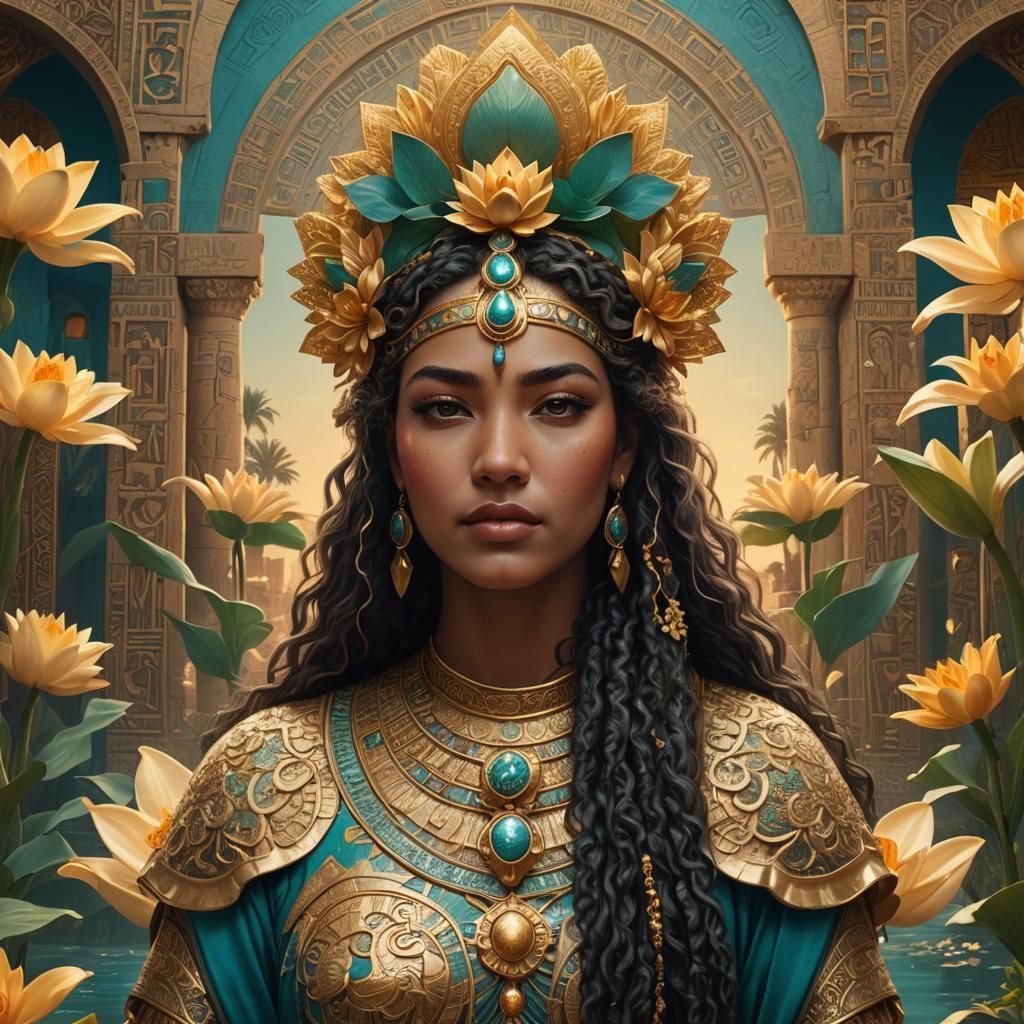 Egyptian Priestess Portrait with Lotus Flowers