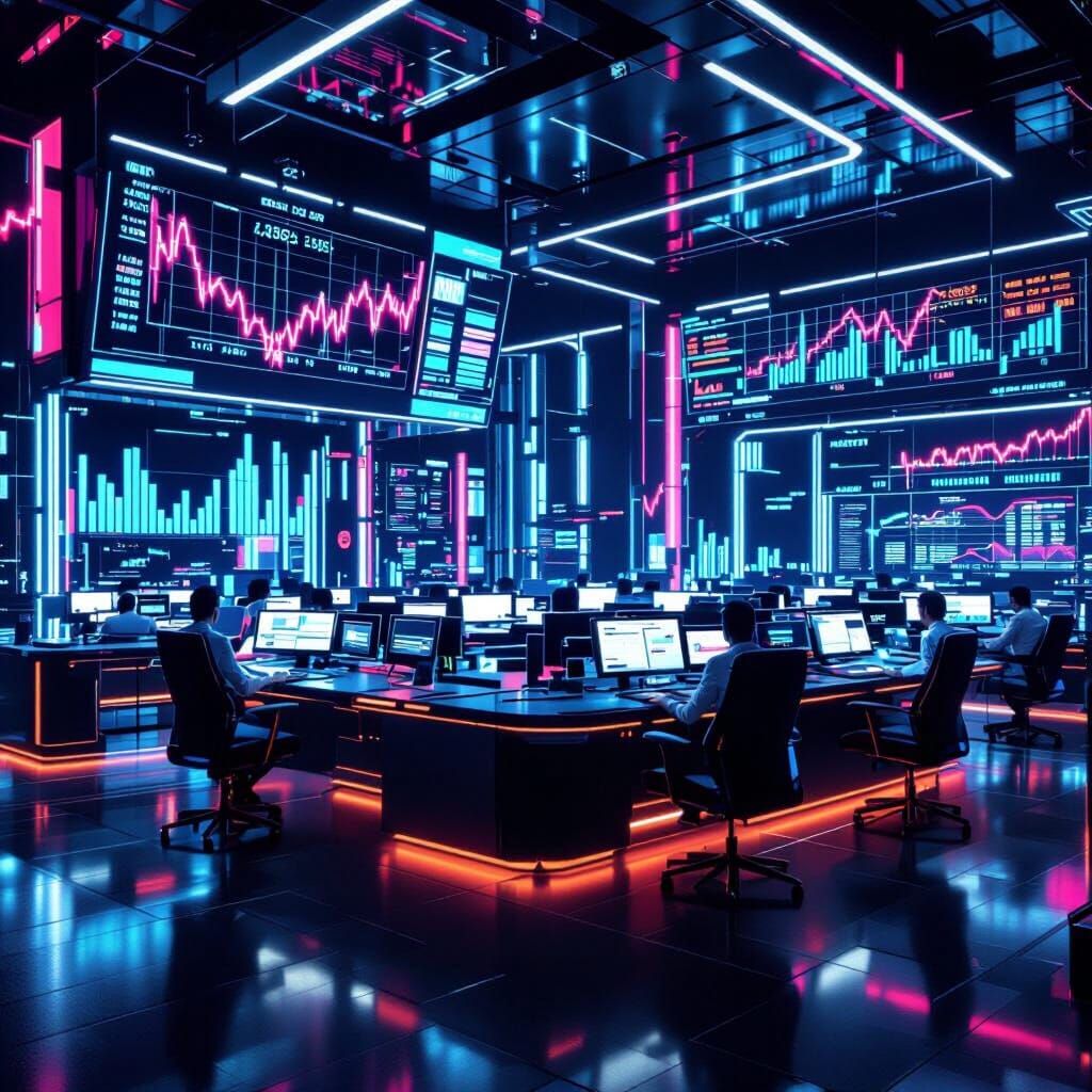 Futuristic Trading Floor in Cyberpunk Style