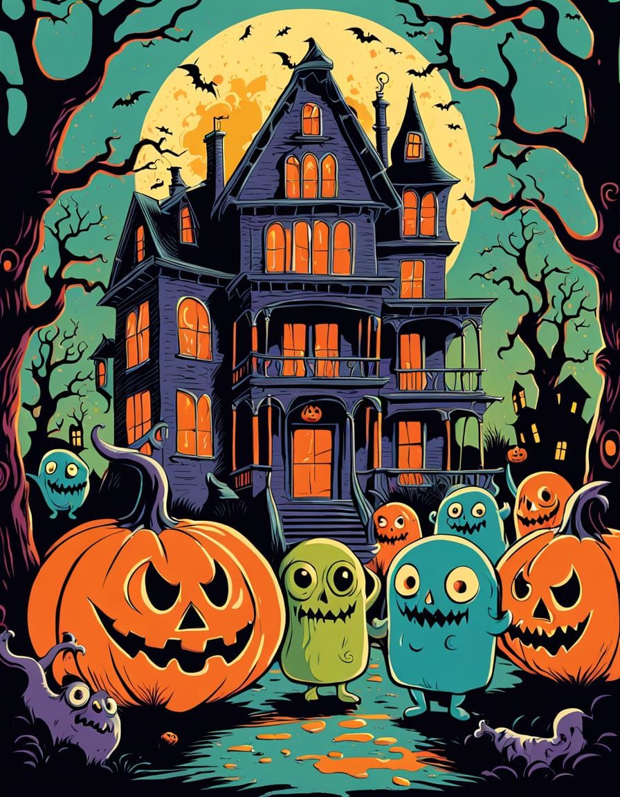 Retro Halloween Monsters Celebrate at Haunted House
