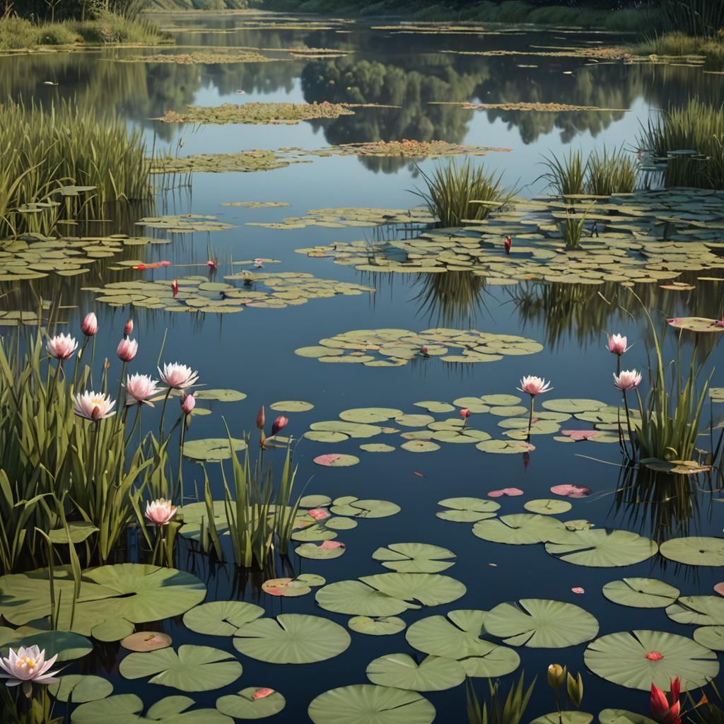 Pond with Lilies and Dragonflies: Detailed Matte Painting
