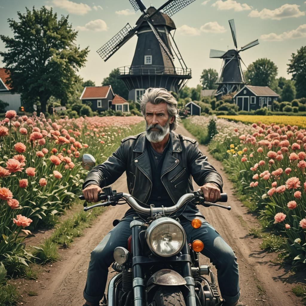 Cinematic Man on Motorbike in Dutch Flowerfield