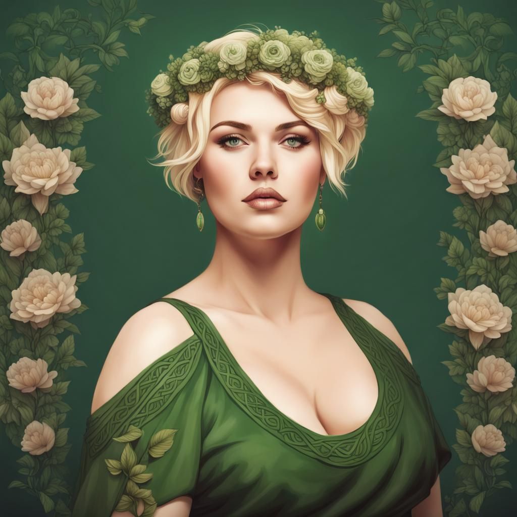 Celtic Goddess in Green Dress and Flower Crown