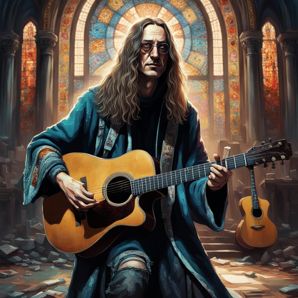 Troubled Robot Priest About to Destroy Guitar