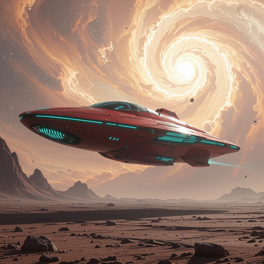 Crimson Alien Spaceship Above Cratered Planet