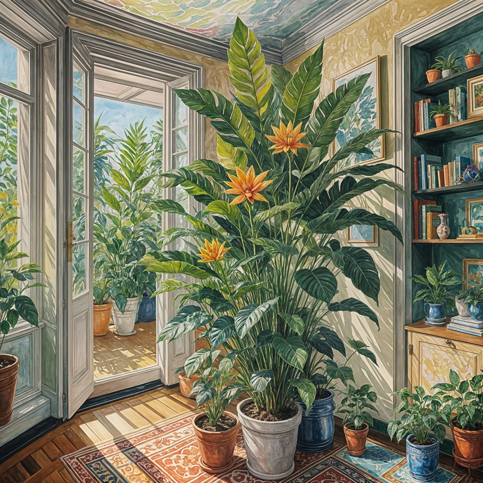 Plant in Modern House as Gouache Watercolor