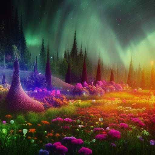 Flower Fields Bloom Under Northern Lights in Astral Art
