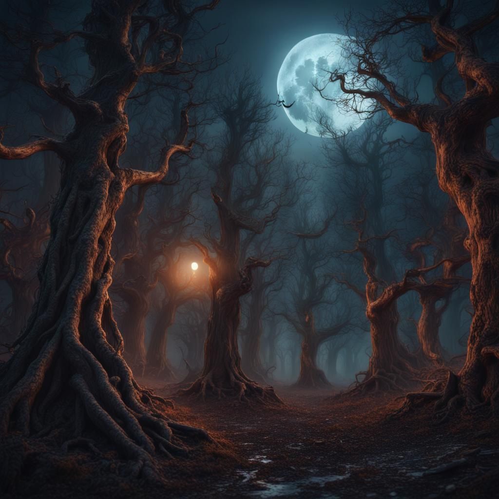 Haunted Forest with Full Moon in Matte Painting Style